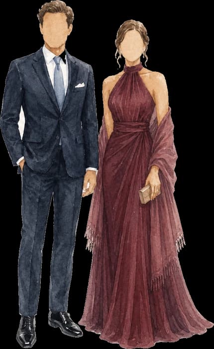 Exemplo de traje: homem de terno e mulher de vestido longo de festa